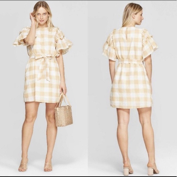 NWT - Who What Wear - Yellow & White Gingham Dress with ruffle sleeves - Picture 2 of 9